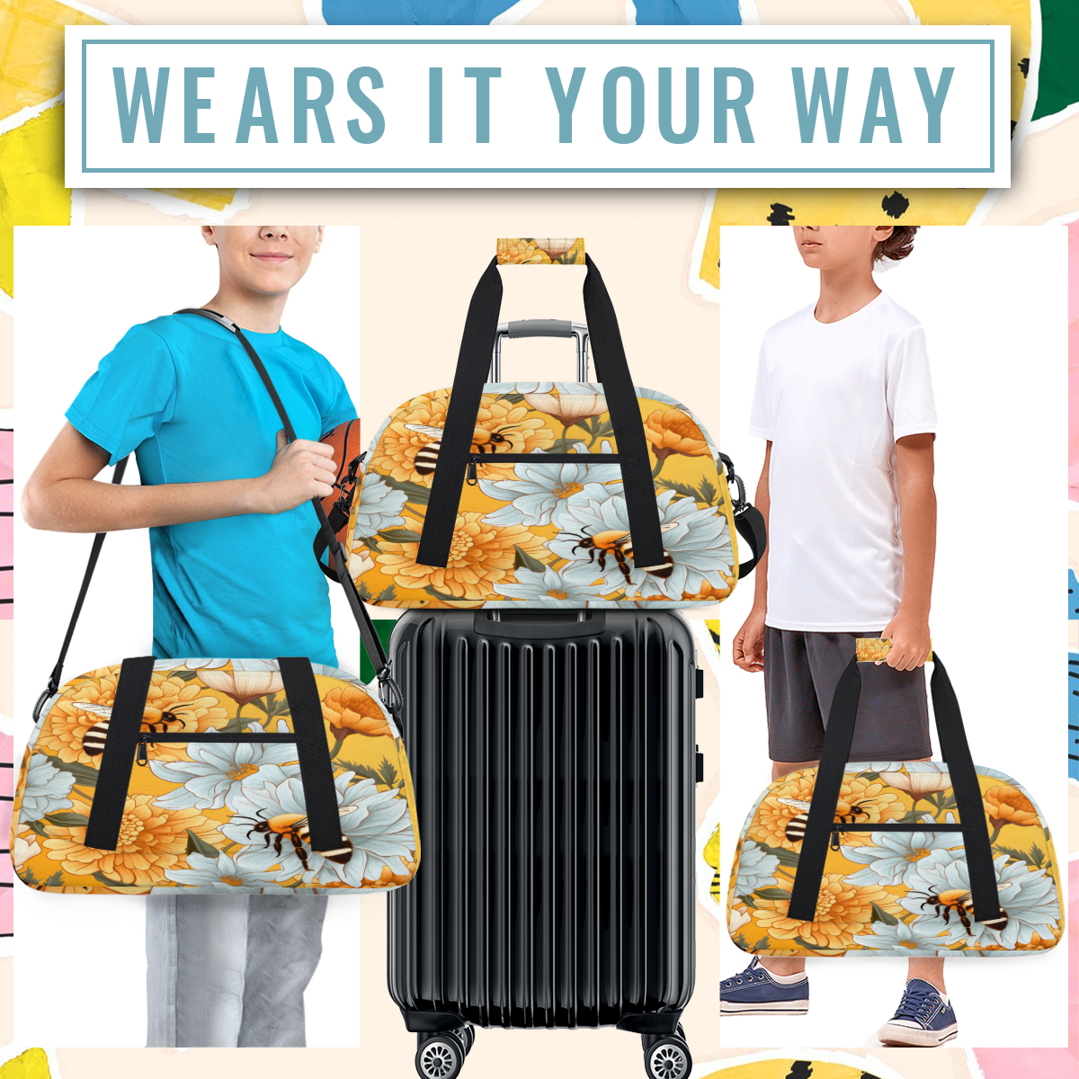 Herdesigns Bee Sports Duffle Bag for Women & Men, Gym Bag Dance Bag Overnight Bag Carry On Weekender Travel Bag