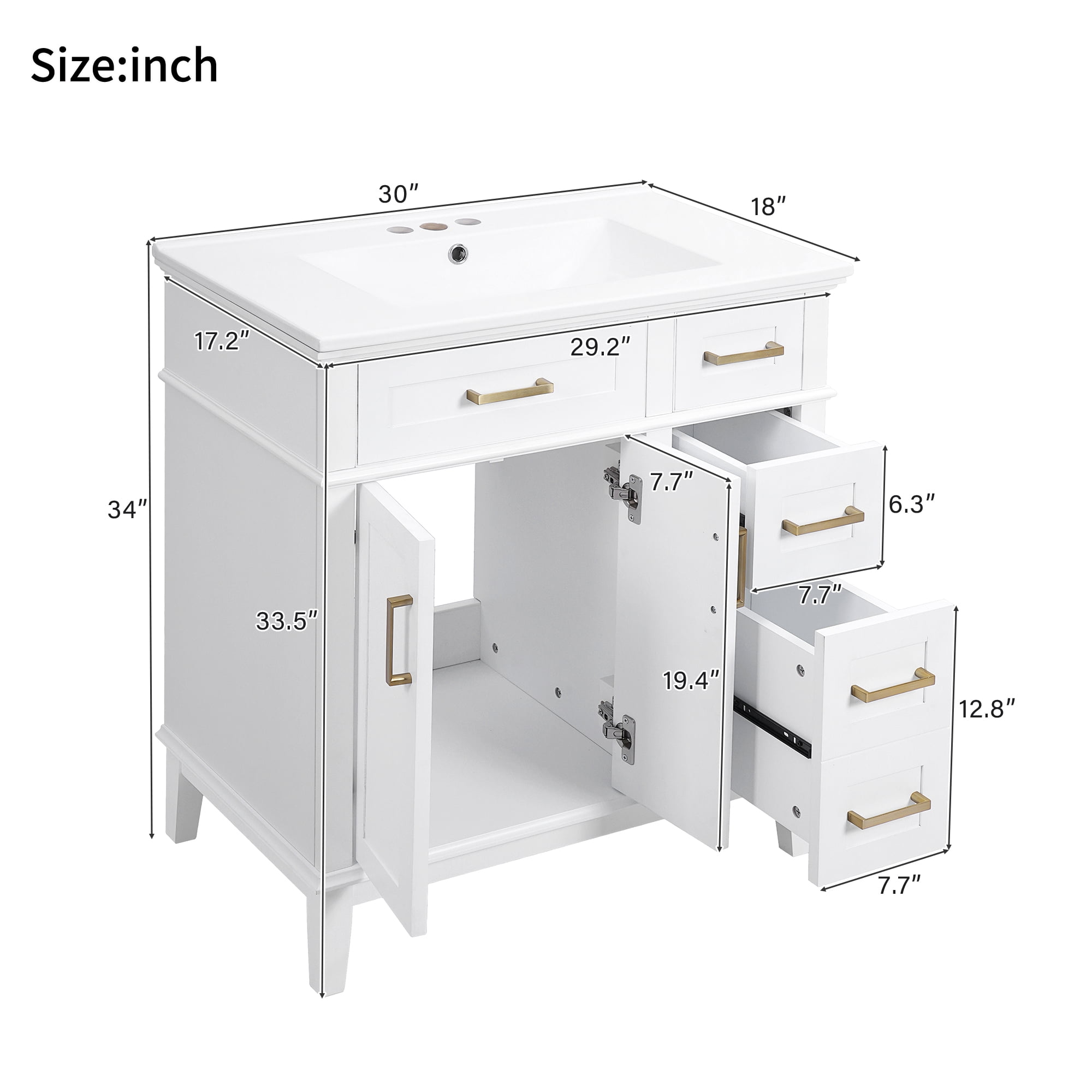 Euroco 30" Bathroom Vanity with Ceramic Sink, Deep & Standard Drawers, Stylish Bath Vanity for Small Bathrooms
