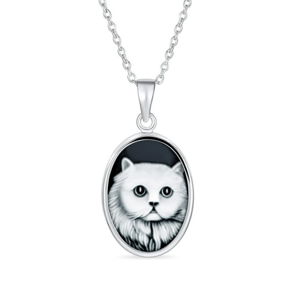 Bling Jewelry Womens Vintage Antique Style Black Onyx Cat Cameo Pendant Necklace in Sterling Silver