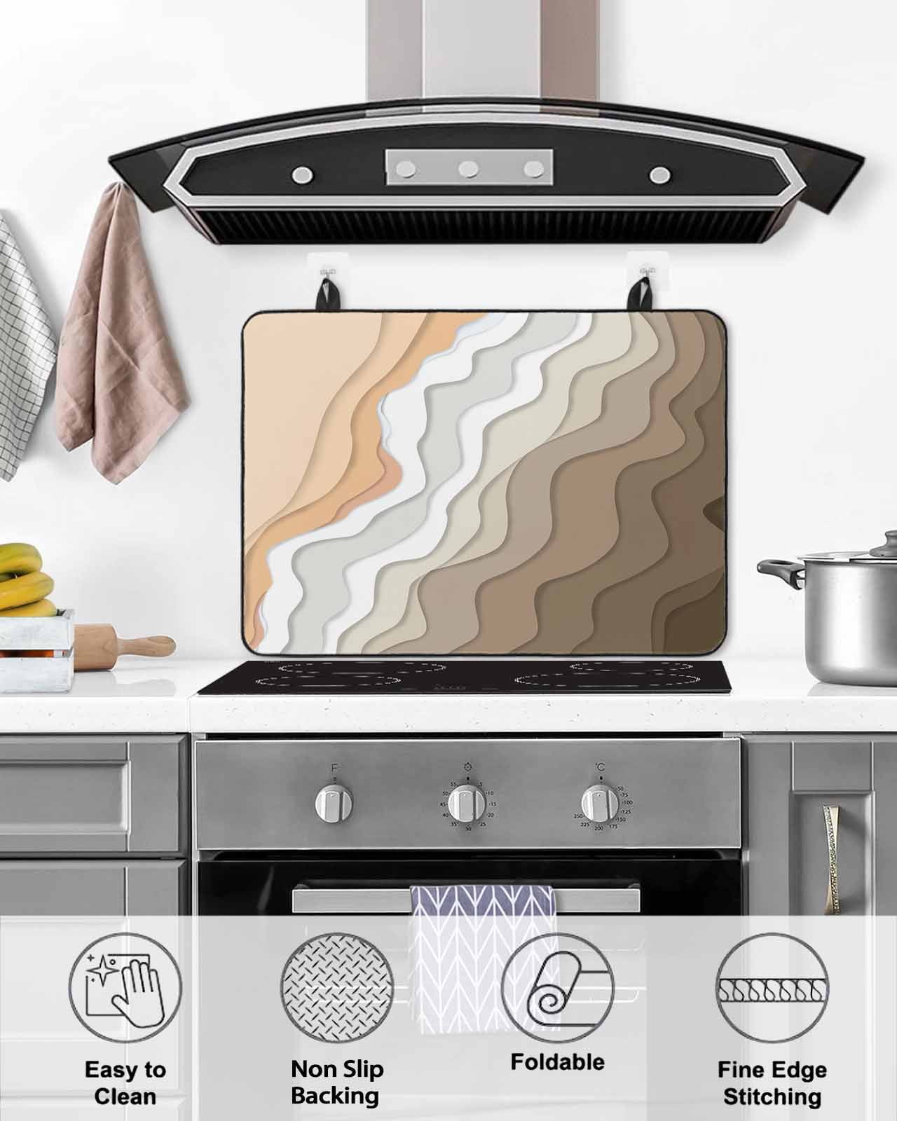nqOlkjepod Large Induction Cooktop Protector Mat 24"x21", Brown Coastal Beach Stove Top Covers for Electric Stove, Retro Farmhouse Ocean Waves Striped Stove Burner Cover Mats, Glass Top Stove Cover