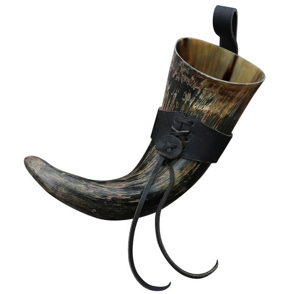 Armory Replicas Distressed Raider Viking Drinking Horn – Handmade Natural Horn with Genuine Leather Holster
