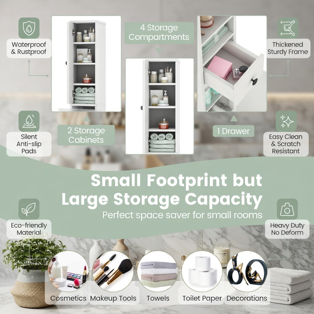 Demi Bonn Bathroom Storage Cabinet, Bathroom Floor Cabinet, Freestanding Slim Bathroom Cabinet with Drawer and Adjustable Shelves, for Bathroom, Living Room, Bedroom, Kitchen, White