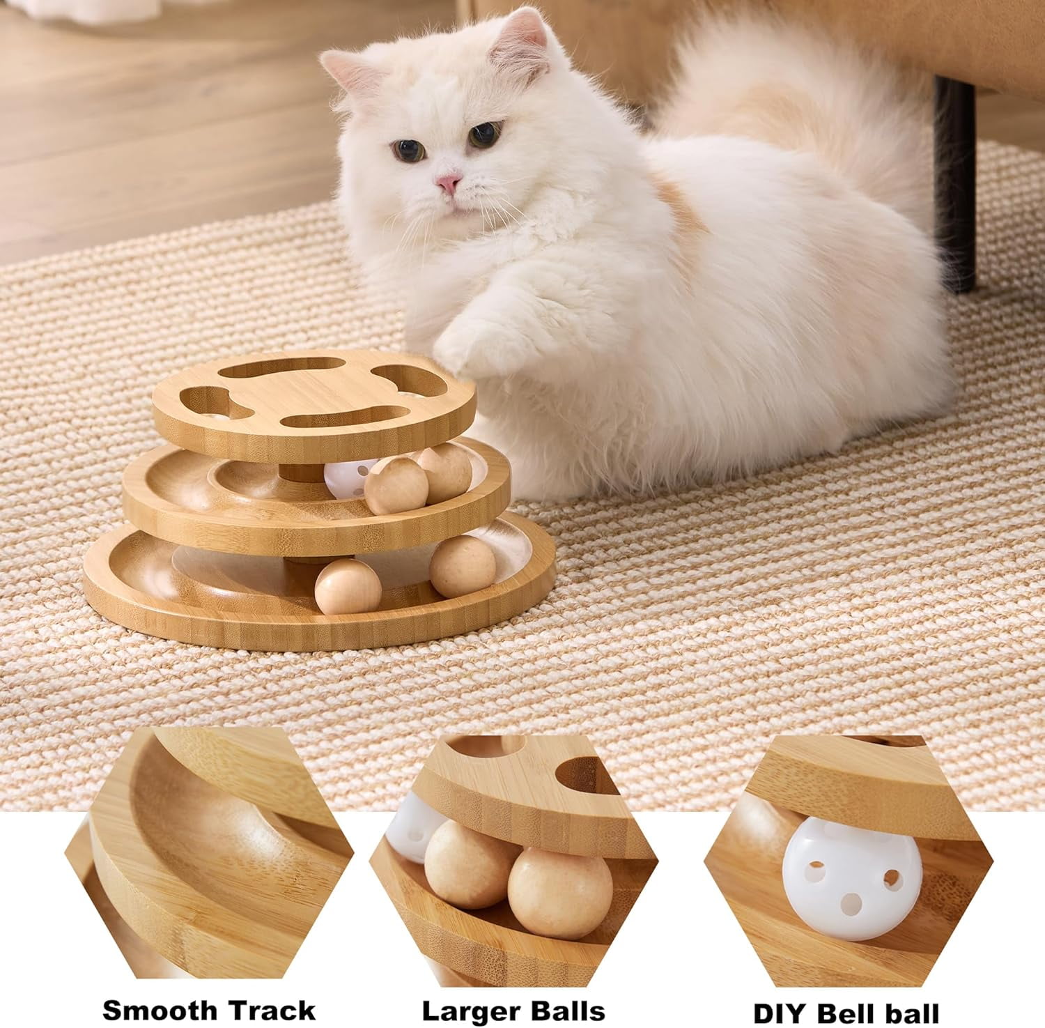 Cat Ball Track Toy with Puzzle Top, Wooden Cat Toys for Indoor Cats with Spinning Balls, Interactive Large Cat Ball Tower for Kitten Kitty Exercise Mental Physical