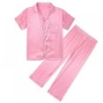 thumbnail image 1 of Summer Kids Girl Pure Color Imitate Silk Pajamas Short Sleeve Blouse Long Pants Sleepwear Suit ,5-14 Years, 1 of 6