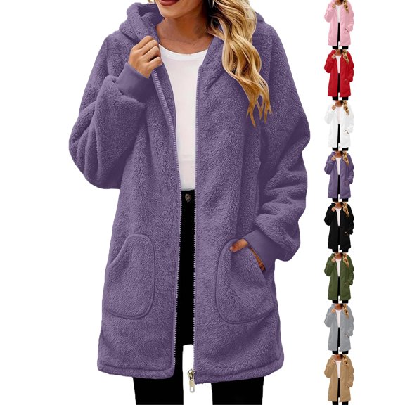 Womens Fleece Jacket Fashion Soft Plush Zip Up Outerwear with Pockets & Ribbed Cuffs for Winter