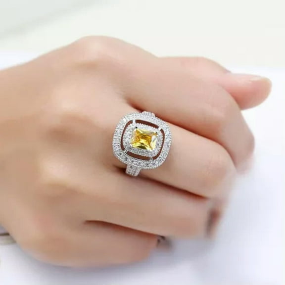 6*8mm Yellow Topaz Princess Cut CZ Band Women's 925 Silver Hollow Ring Size 6-10
