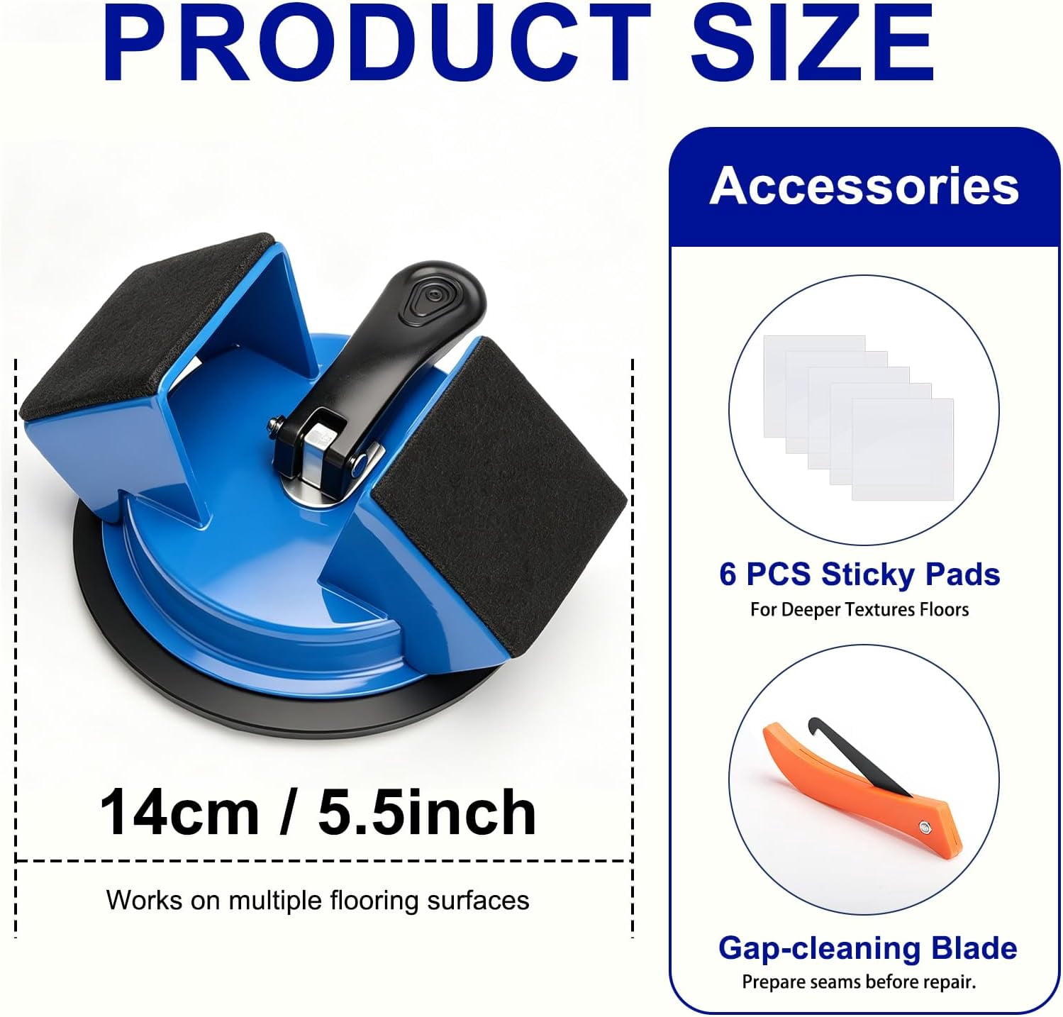 Floor Gap Fixer Tool – Heavy-Duty Iron Body with Enhanced Suction Cup, 45° Striking Surface for Floating Laminate & Vinyl Plank Flooring Repair, Includes 6 Adhesive Pads & Cleaning Blade