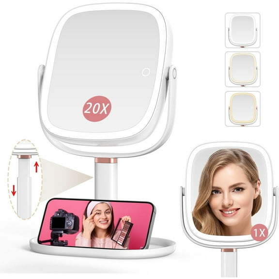 Makeup Mirror with Lights, 1X/20X Magnifying Mirror with Light, Vanity Mirror with 3 Colors Lights, Height Adjustable Lighted Makeup Mirror, Double Sided 360°Rotation, Memory Function (White)