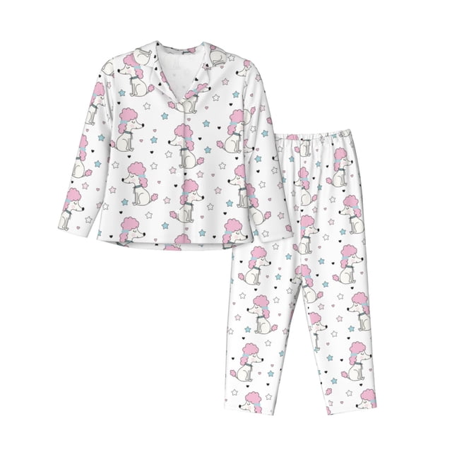 Fotbe Cute Poodle Dog Conjunto de Pijama de Manga Larga para Mujer con Estampado, Ropa de Dormir de 2 Piezas, Conjunto de Casa Suave y Cómodo con Bolsillos-XX-Large