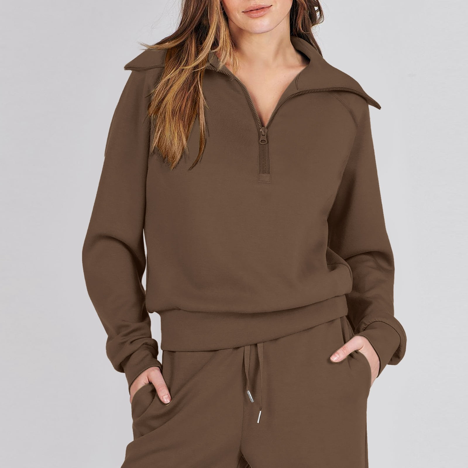 CILENON Joggers for Women 2 Piece Set Women Two Piece Outfits Sweatsuit Set Quarter Zip Sweatshirt Wide Leg Sweatpant Fall Set Tracksuit Casual Sets for Women Workout Clothes for Women Sets (Brown,M)