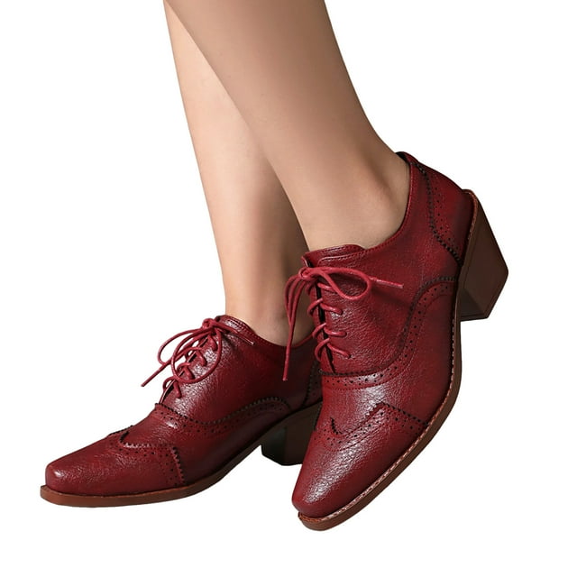 Bottes de Combat Richelieu Wingtip pour Femmes Rétro Vintage en Cuir à Bout Pointu à Lacets à Talon Moyen Épais d'Automne Décontractées Chaussures Habillées Bottillons à la Cheville