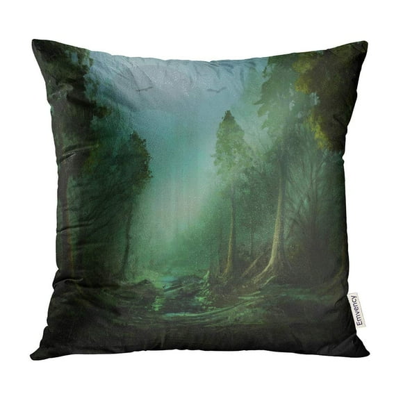 BOSDECO Green Foggy Fantasy Dark Forest Old Ruins Ancients Atmosphere Pillow Case Pillow Cover 20x20 inch