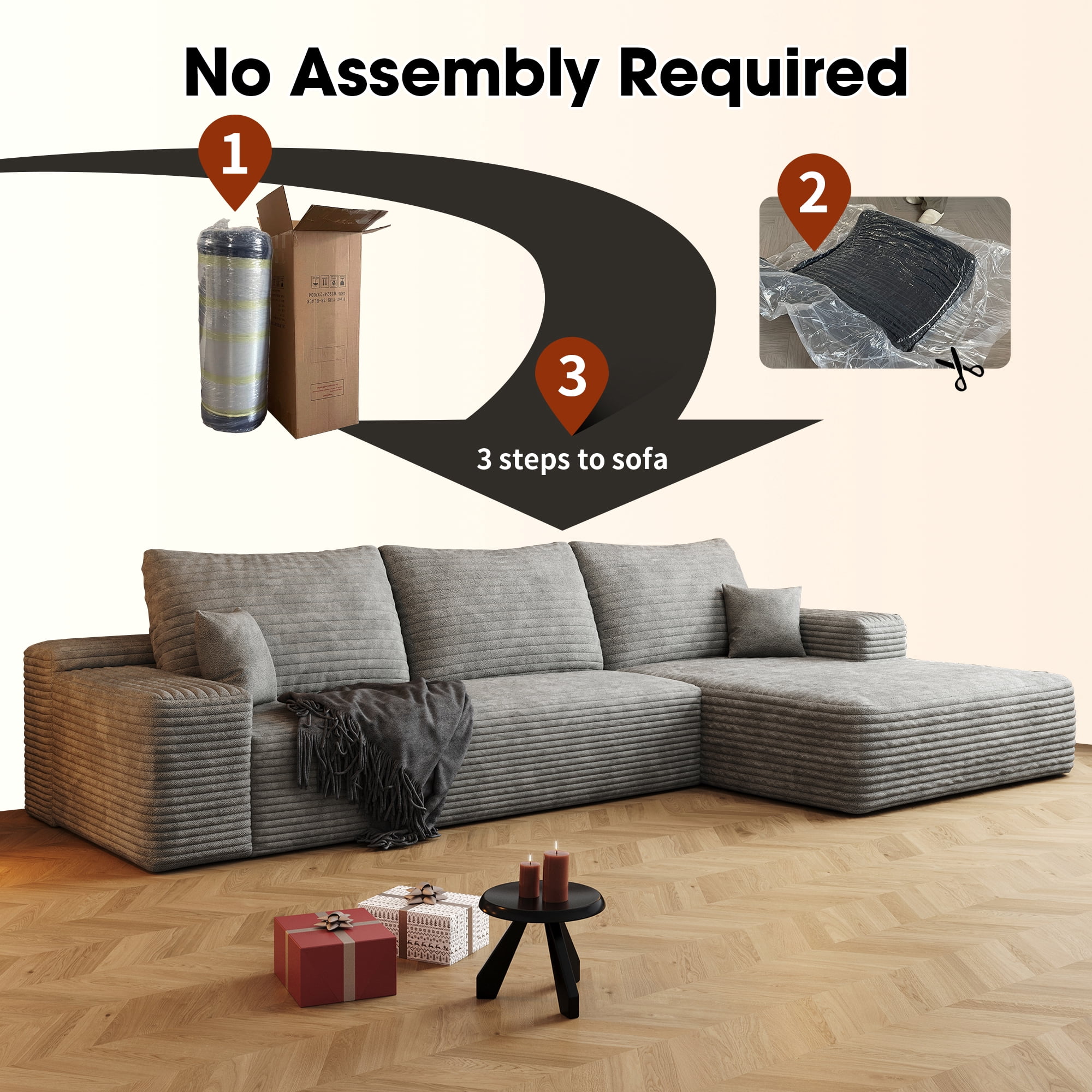 107" Modular Cloud Sectional Sofa with Right-Facing Chaise, Deep Seat Couch in Plush Corduroy Fabric, No Assembly, Grey