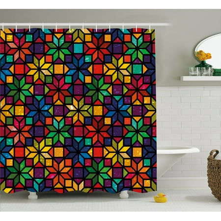 75 In Long Shower Curtain Geometric Shower Curtain, Church Window Glass Inspired Rainbow Colored Image with Flowers Like Artwork, Fabric Bathroom Set with Hooks, 69W X 75L Inches Long, Multicolor, by Ambesonne ()