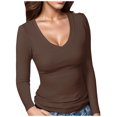 thumbnail image 1 of Womens Tshirt Ladies Ribbed V Neck Slim Fitted Basic Solid Long Sleeve Layering Tee Tops Shirts Women Trendy Brown S, 1 of 4