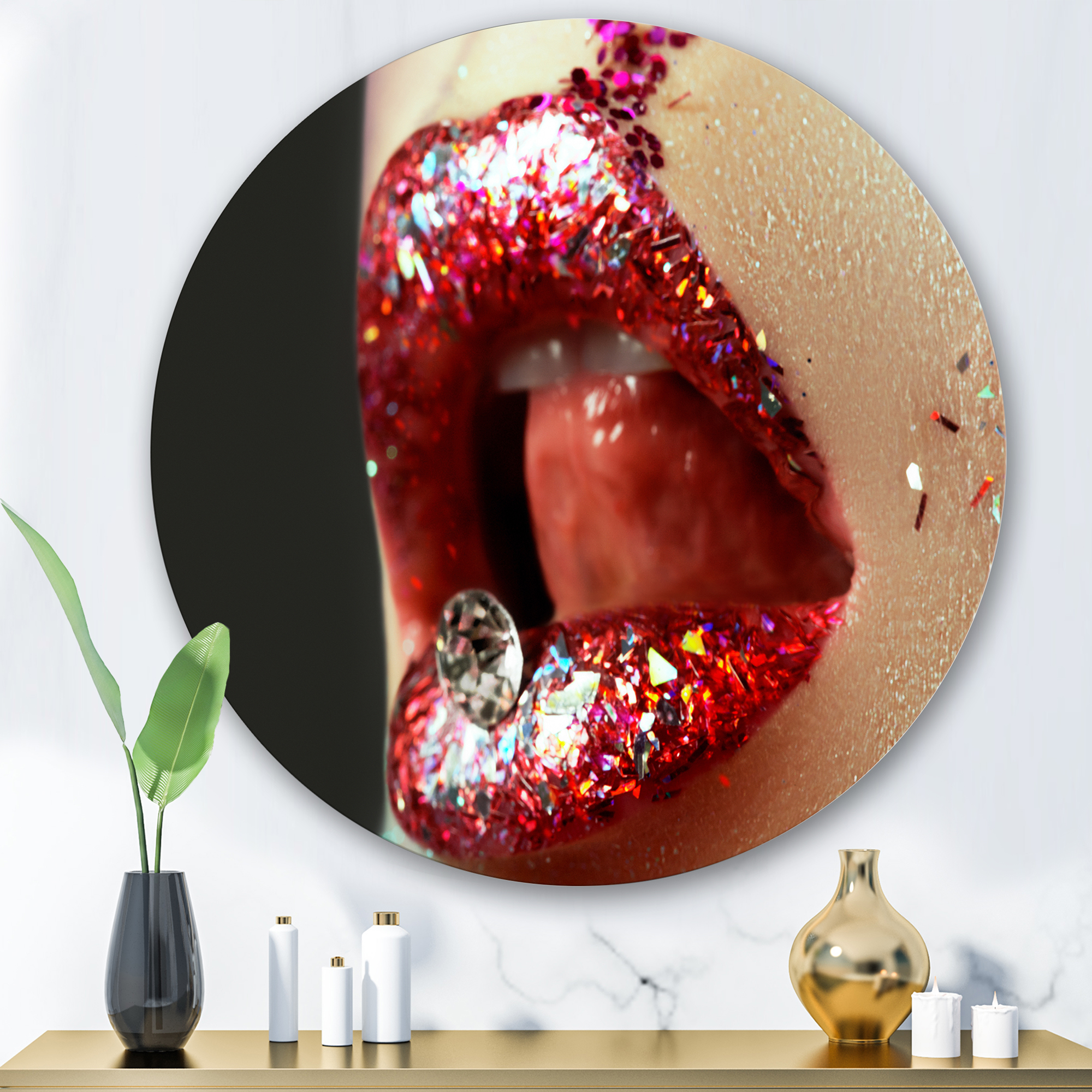 Designart 'Artistic Girl Lips Make-Up' Modern Circle Metal Wall Art 29x29 - Disc of 29