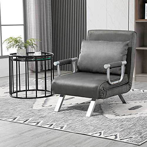 HOMCOM Single Person Folding 5 Position Convertible Sofa Bed Sleeper Chair Chaise Lounge Couch w/Pillow & Steel Frame for Home Office Grey