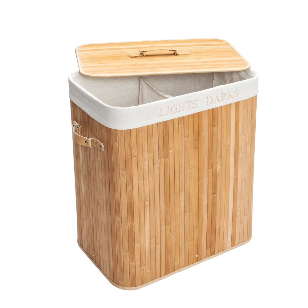 Dark Brown Rectangle Bamboo Laundry Basket Folding Cloth Hamper with lid and Removable Lining Laundry Hampers two sections for £¨lights & Darks