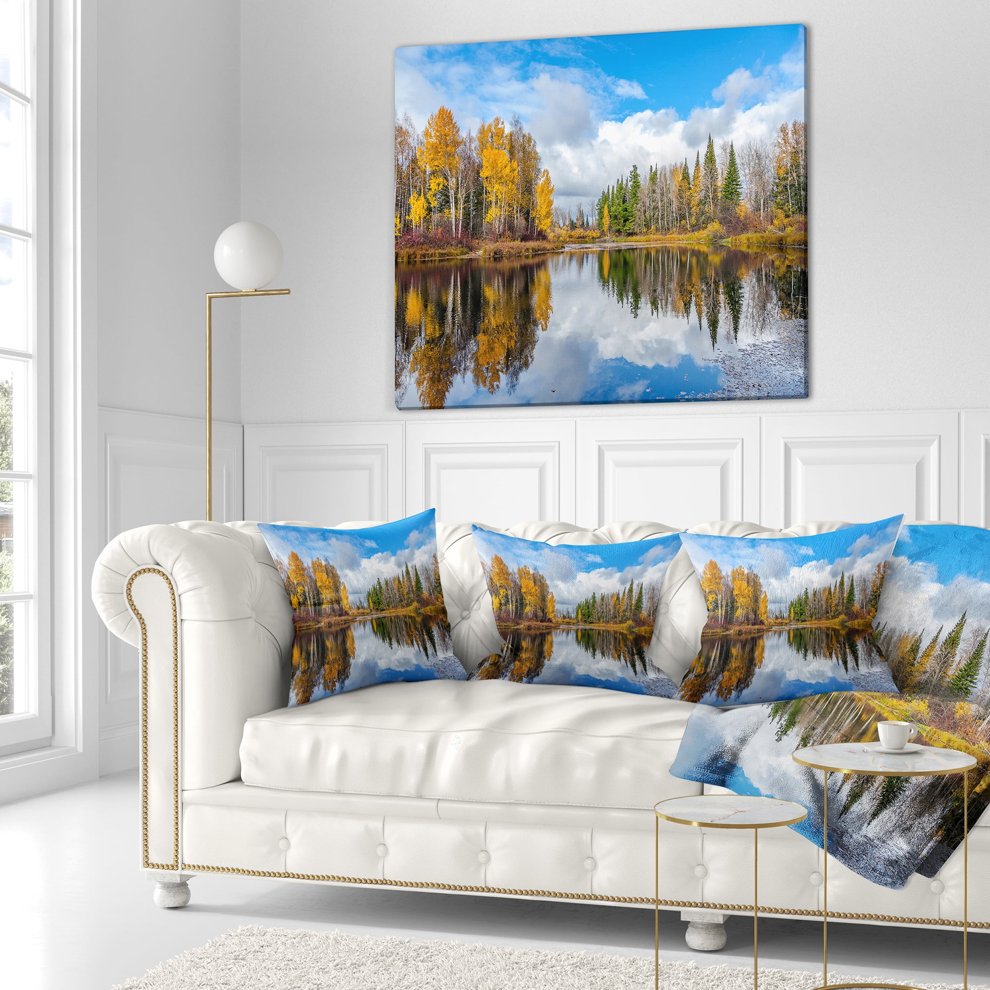Designart Nice Autumn Trees With Forest Lake - Landscape Printed Throw Pillow - 16x16