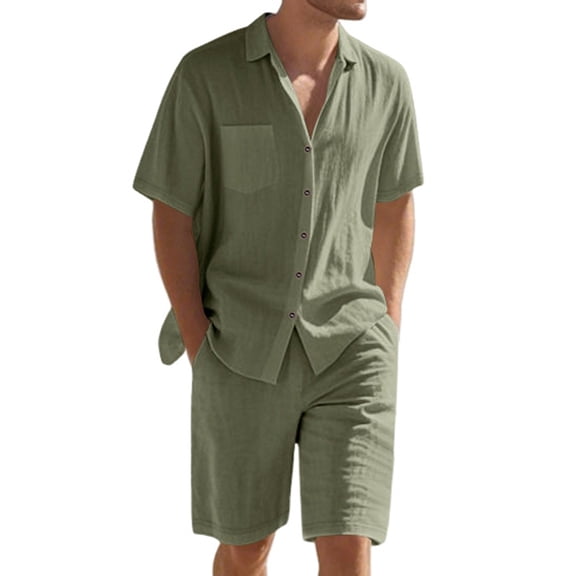 Men'S 2 Pieces Shirt Set Short Sleeve Button Down Casual Hippie Holiday Beach T-Shirts Shorts Outfits Green S