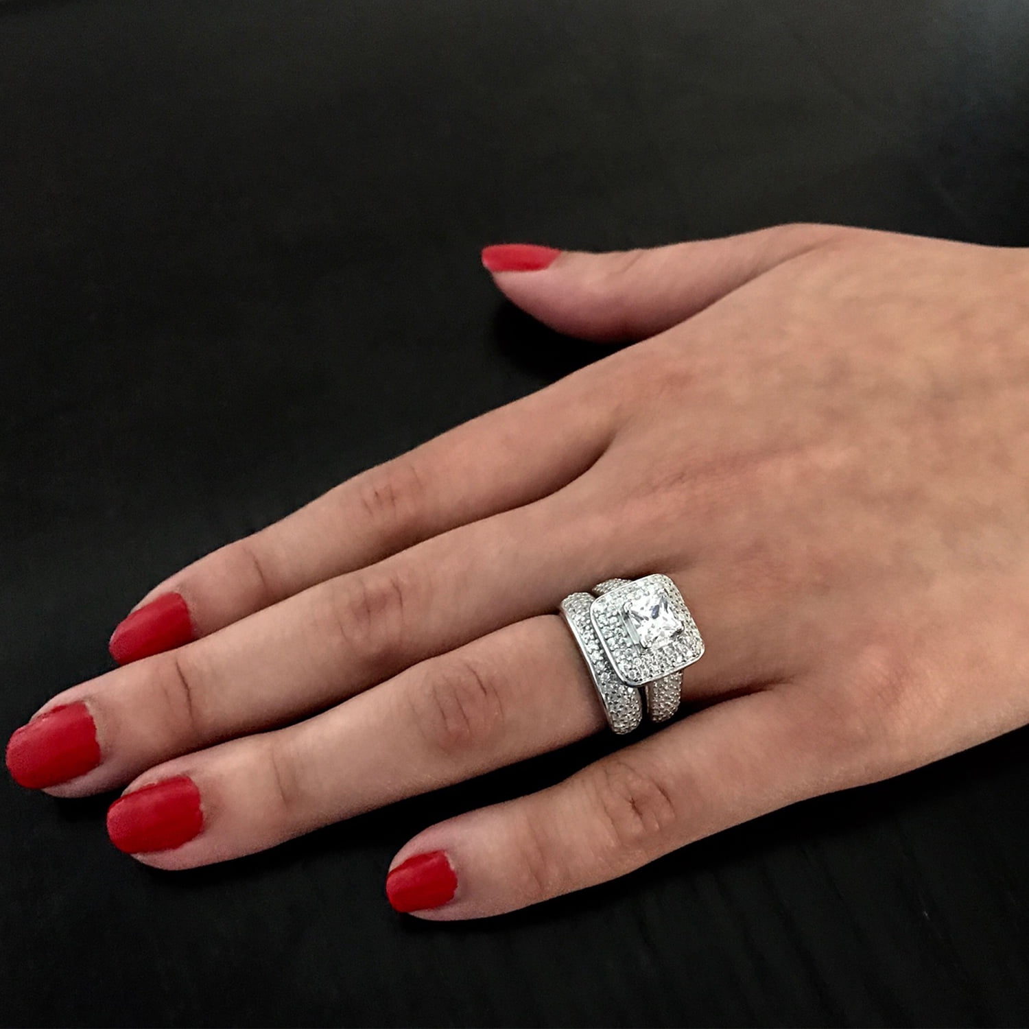 Metal Masters Co. Women s 1 Carat Princess Cut Cubic Zirconia Sterling Silver 925 Wedding Engagement Ring Set 8 Silver