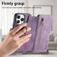 thumbnail image 4 of Compatible With iPhone 15 Pro Max Wallet Phone Case,With Ring Holder,Card Slots,Zipper Pocket,PU Leather Flip Folding Kickstand,Shockproof Rugged Anti-fall Retro Phone Case Cover,Purple, 4 of 7