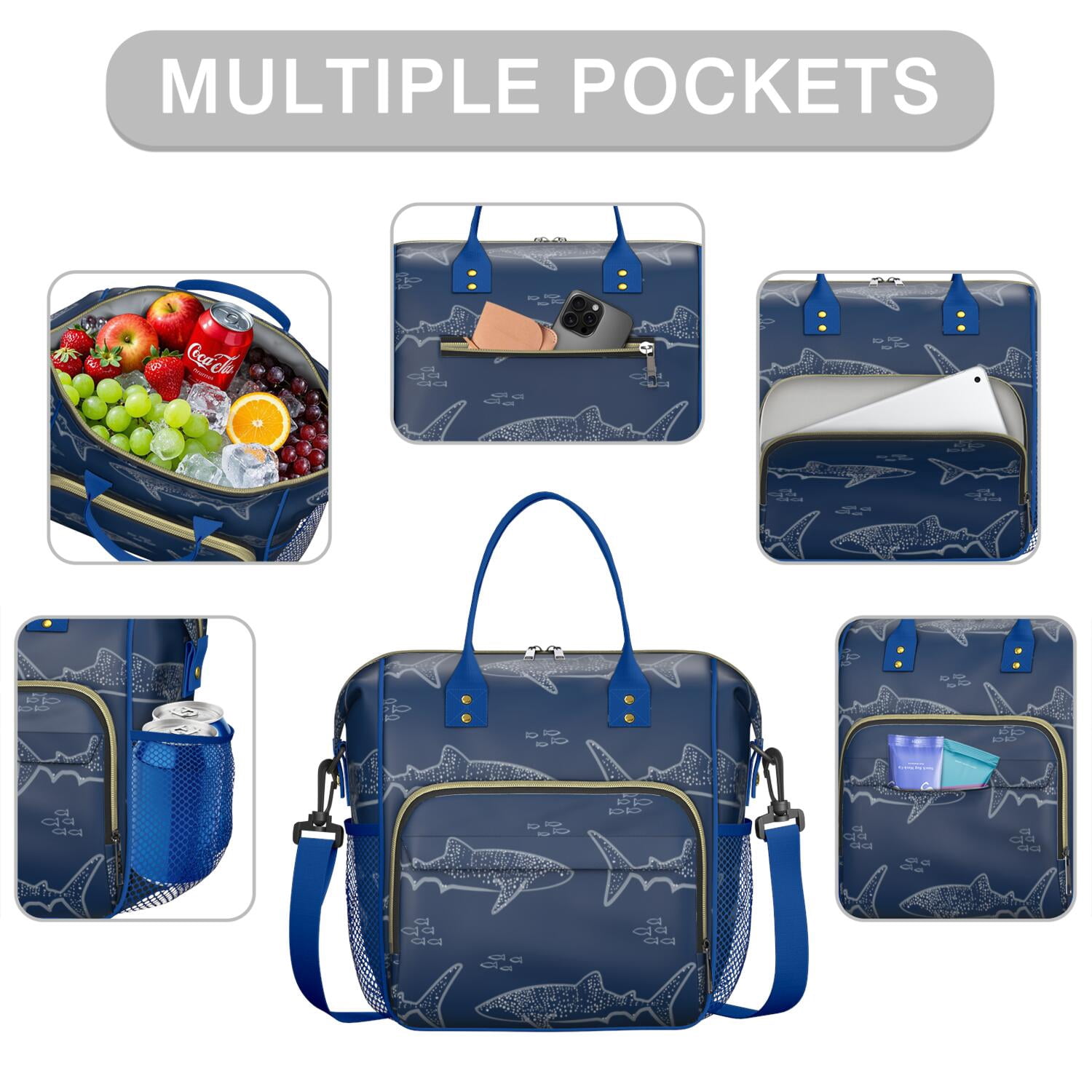 Cute Cartoon Shark and Whale Lunch Box, Large Insulated and Leakproof Bag for Ocean and Marine Style