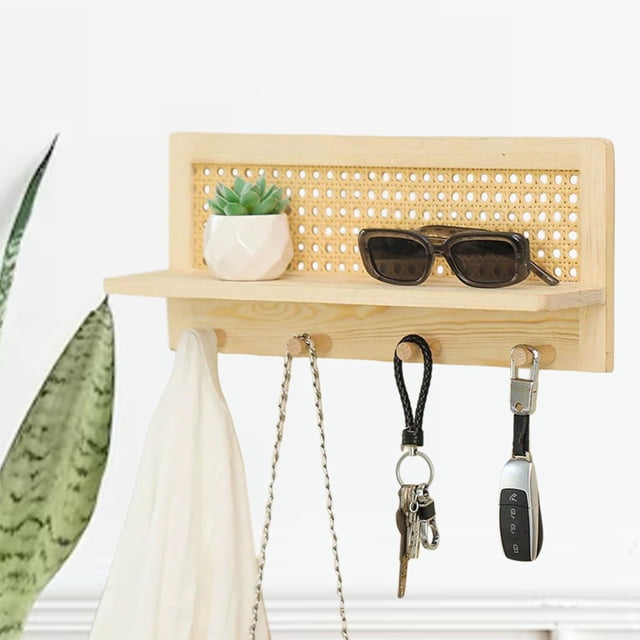 Perchero de pared con estante, ganchos de pared con estante, ahorro de espacio con 4 ganchos, perchero de entrada para toallas de guardería Color de la madera