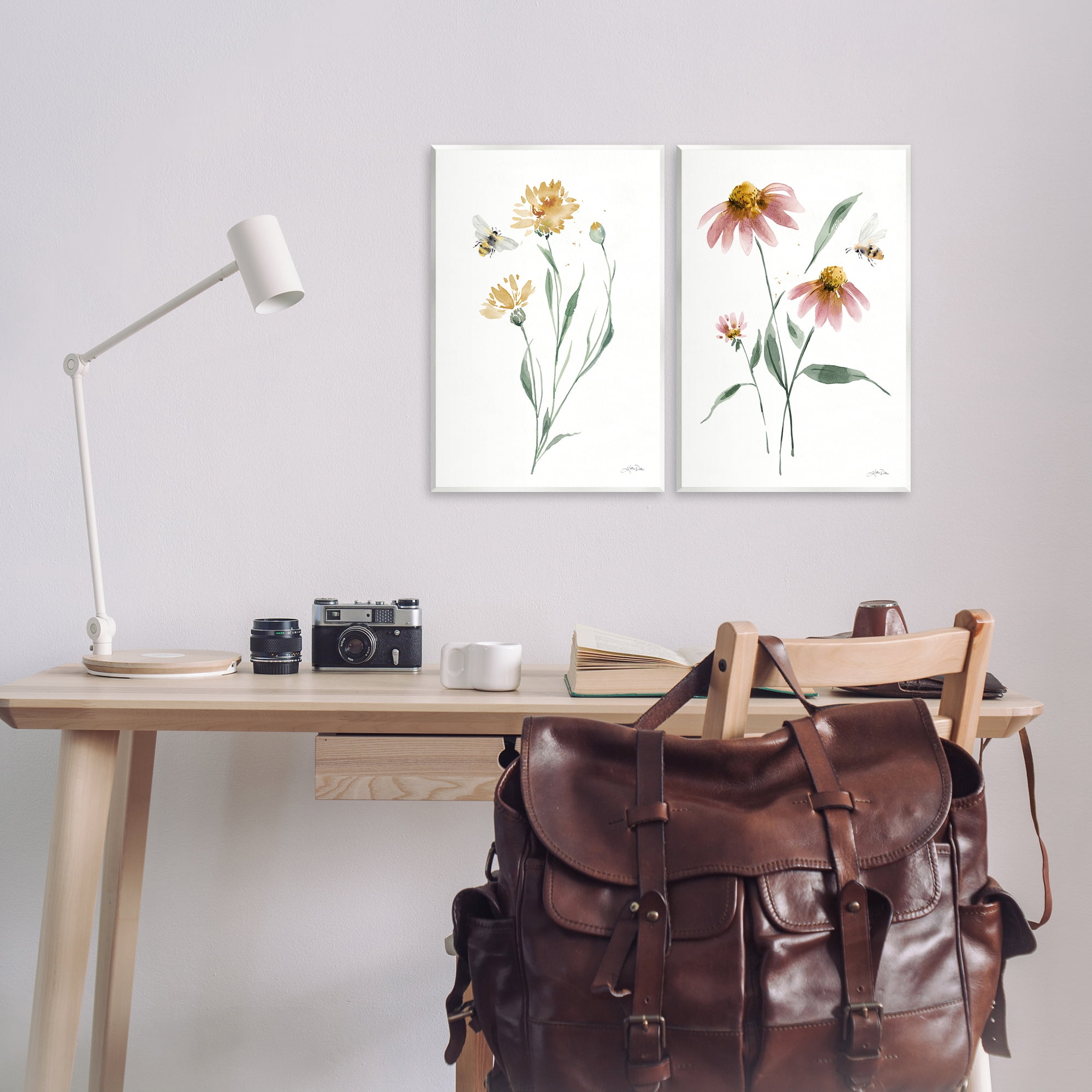 Stupell Industries Flower Stem Bees Plants & Flowers Painting Unframed Art Print Wall Art, 13 x 19, Set of 2
