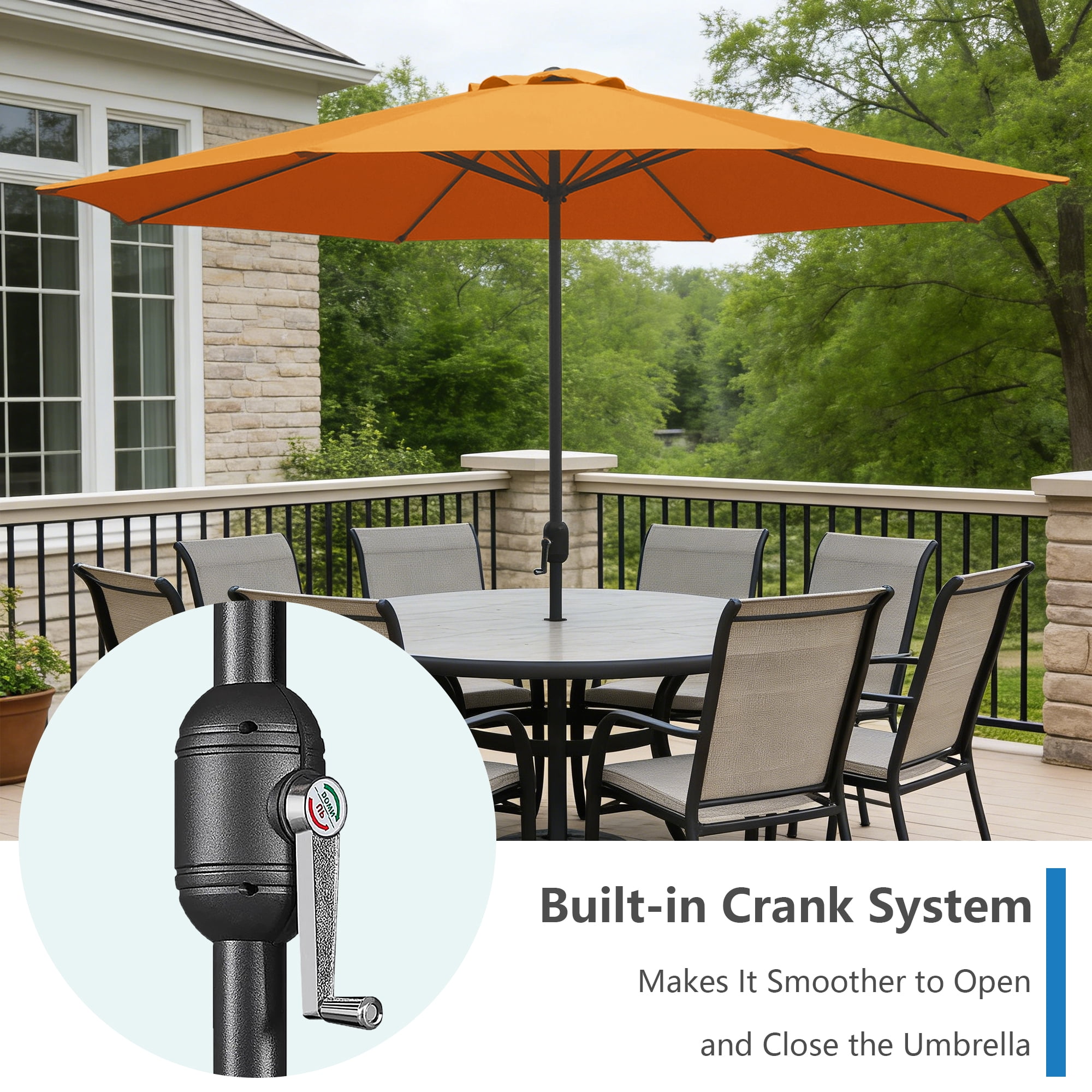 Abble 11FT Outdoor Patio Umbrella with Crank Handle, Market Umbrella with 8 Sturdy Umbrella Ribs, Waterproof for Garden Deck Backyard Pool,  Orange
