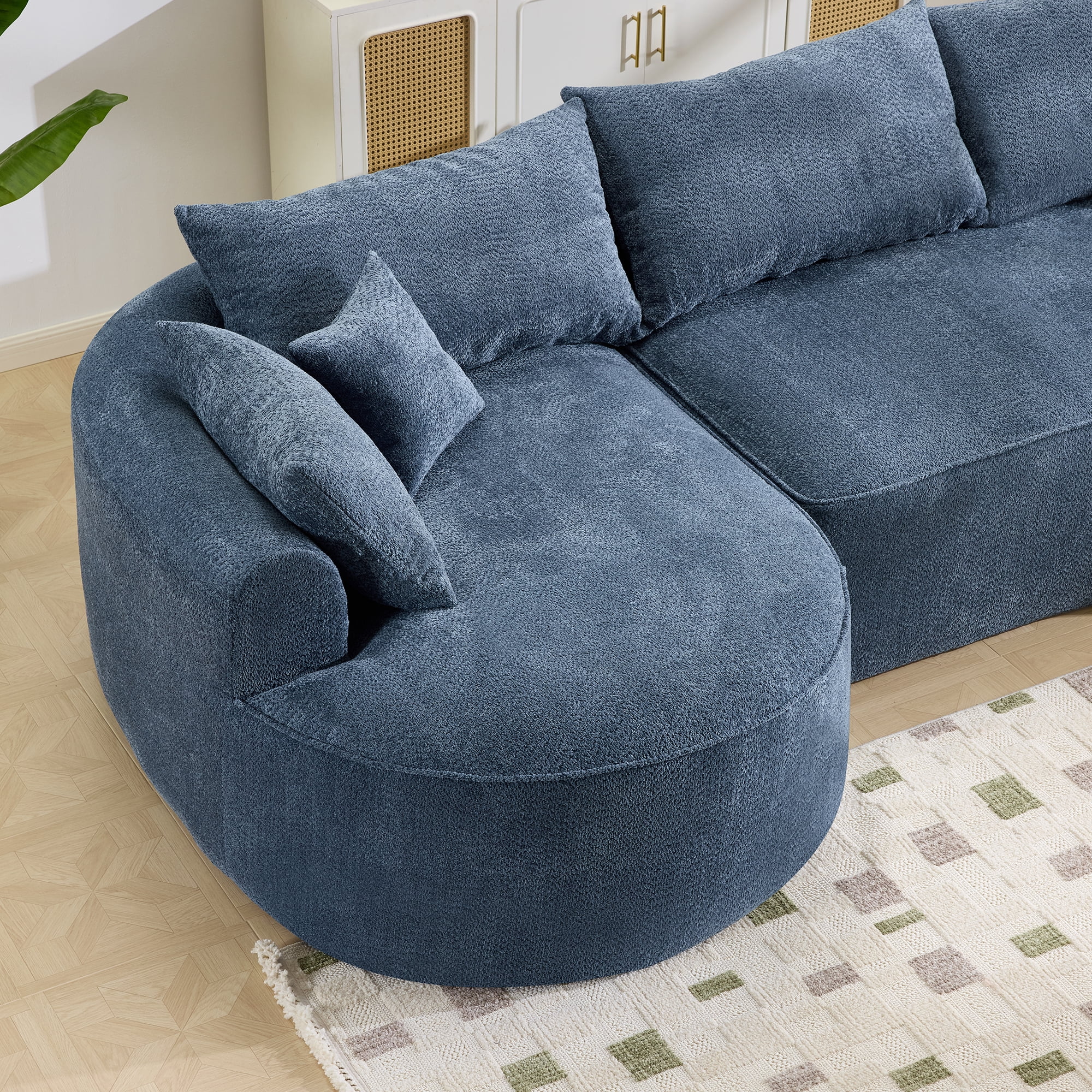 Curved Boneless Sofa, Modern Chenille Fabric Sectional Sofa with 3 Back and 4 Throw Pillows, High-Resilience Sponge Support and Ergonomic Design, 124.5 Inch Large Capacity Sofa for Living Room, Blue
