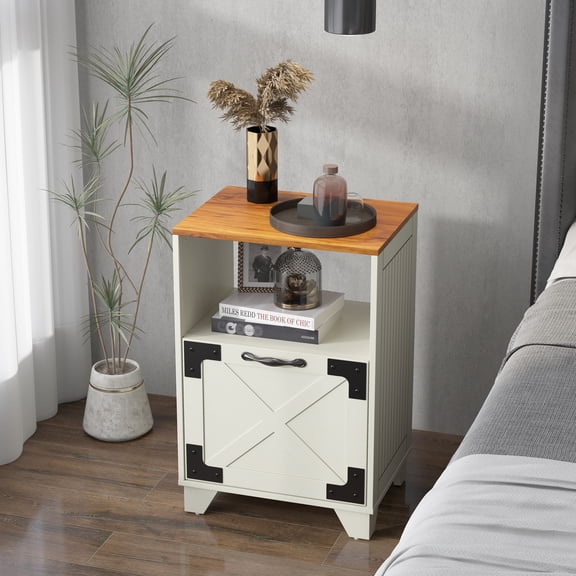 Manora Farmhouse Nightstand with Drawer & Open Storage Shelf, Rustic Bedside Table for Bedroom, Red Oak & White