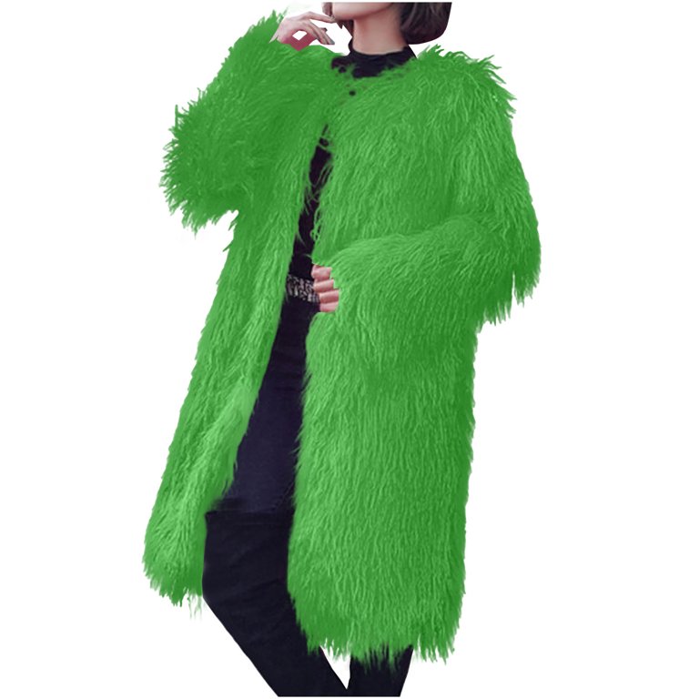 ZQUUVOU Women's Longline Faux Fur Coat Extended Length Solid Color  Oversized Warmth Elegant Winter Plush Fuzzy Coat Green