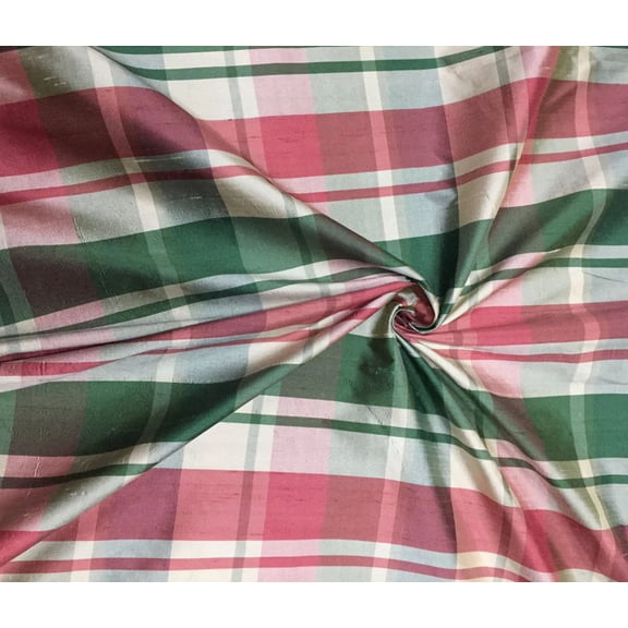 100% PURE SILK DUPIONI FABRIC pink green and grey PLAIDS 54" WIDE DUPC126[1]