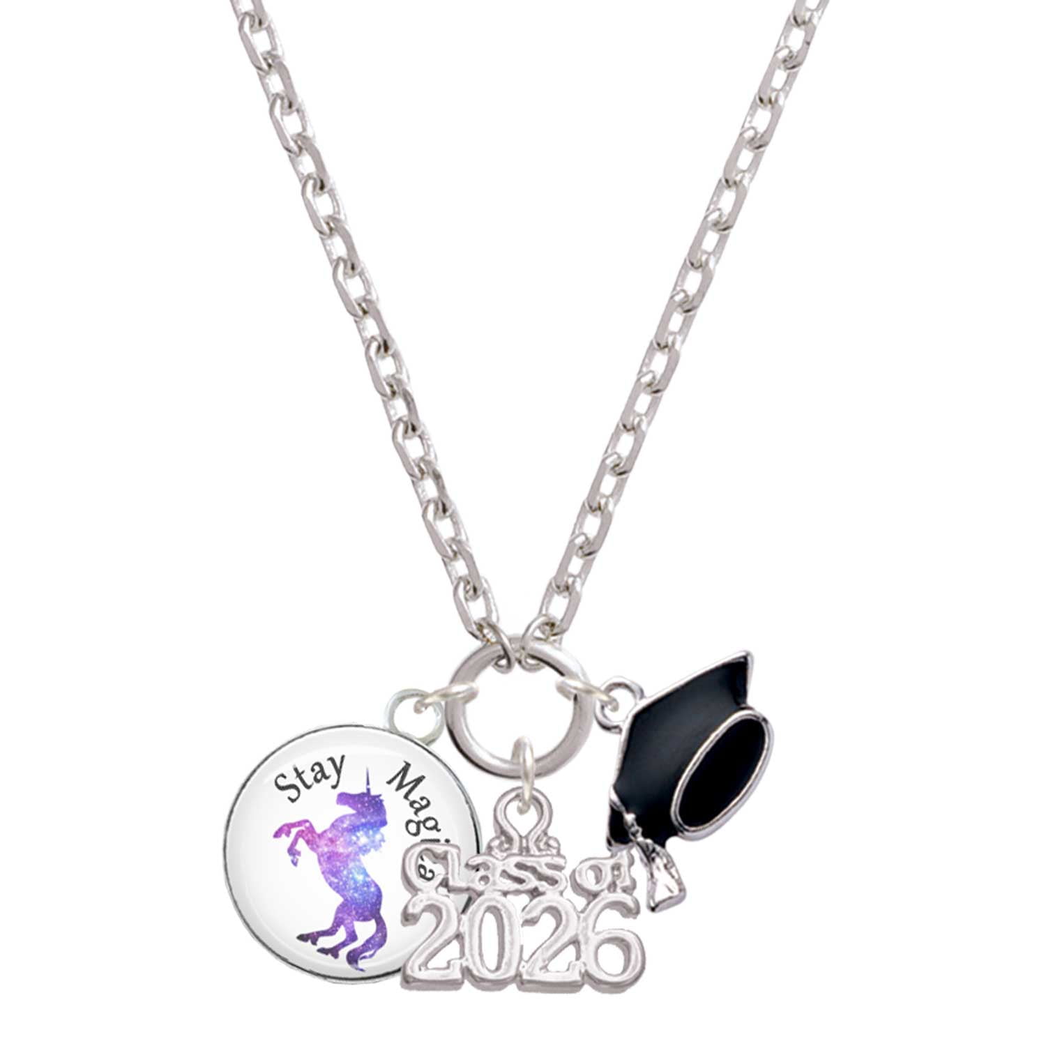 Delight Jewelry Silver-tone Domed Stay Magical Unicorn - Class of 2026 Graduation Zoey Charm Necklace, 28"