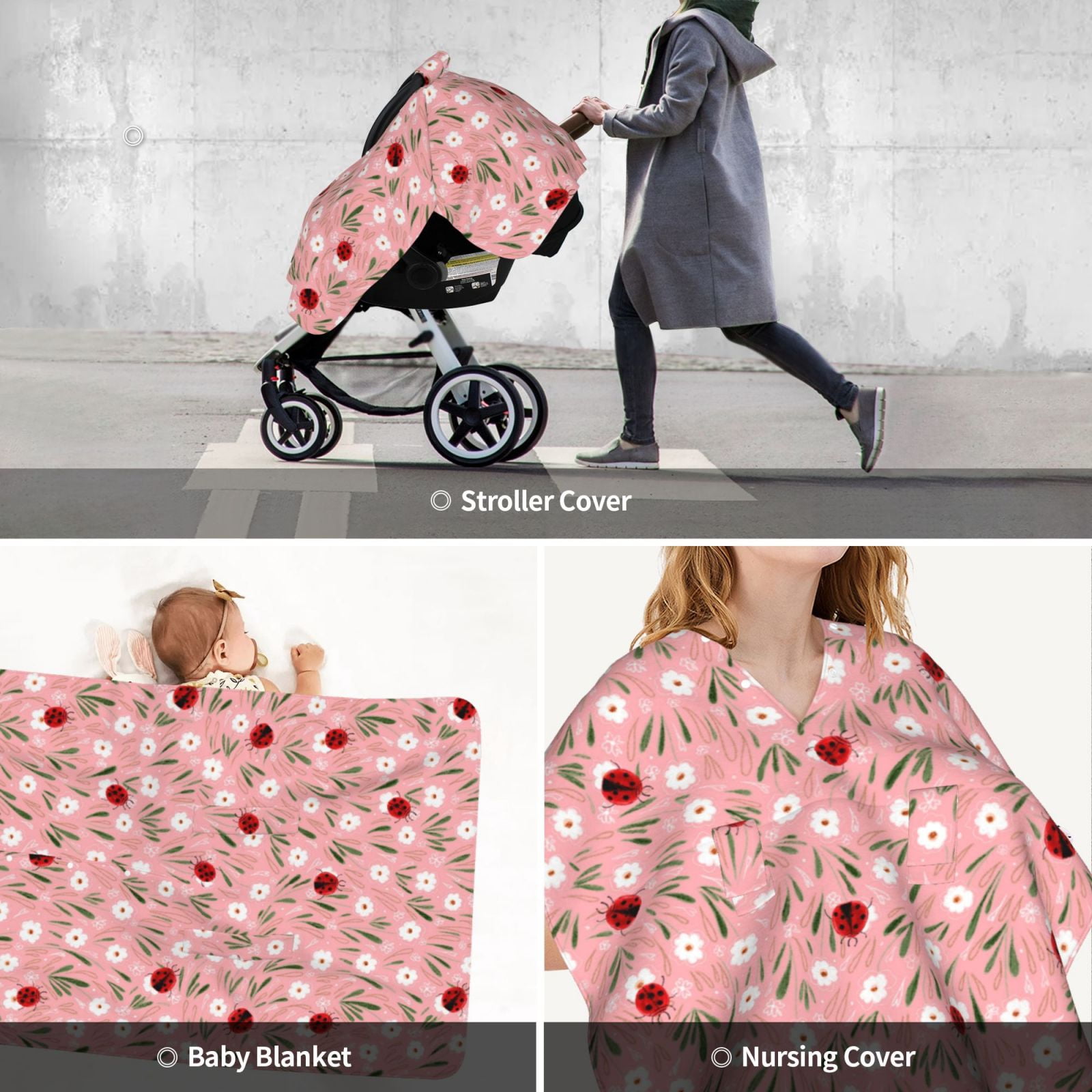 Car Seat Cover Baby - Ladybug And Flowers Breathable Infant Car Seat Cover for Baby Carseat, Lightweight Comfort Baby Essentials Must Haves Newborn Stuff for Girl Boy