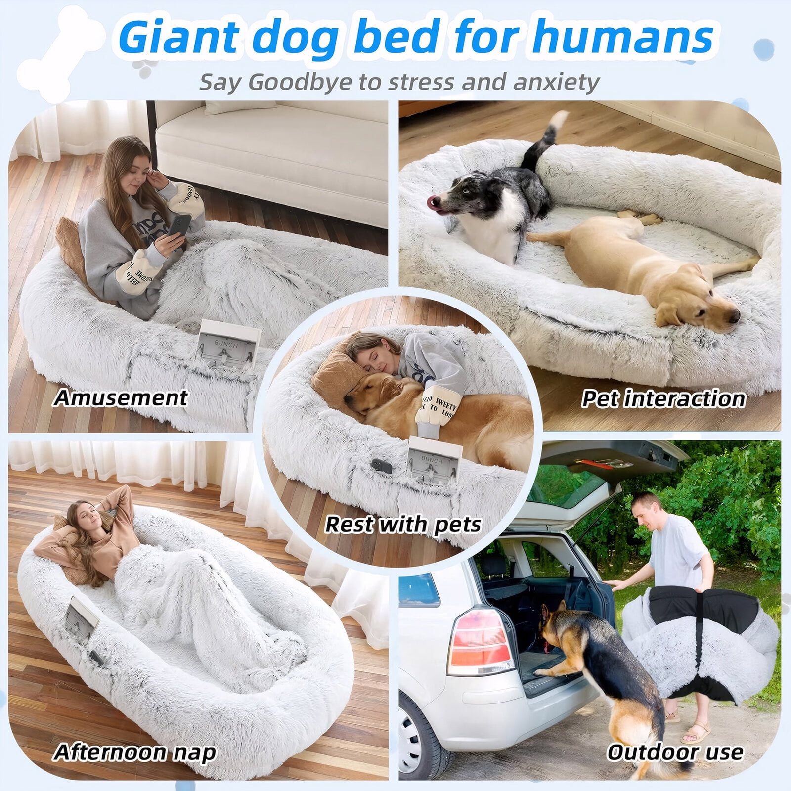 Dog Bed Human Dog Bed, Washable Faux Fur Dog Bed for People Doze Off, Napping Orthopedic Dog Bed,71''x45''x14'' Size Fits You and Pets (Grey) - Blankets and Pillows NOT INCLUDED,Orthopedic Dog Bed
