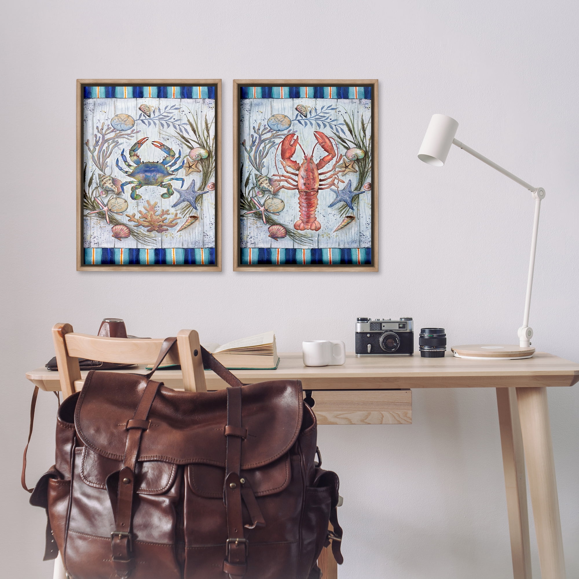 Stupell Industries Coastal Sea Life Stripes Nautical & Beach Painting Brown Floater Framed Canvas Art Print Wall Art, 17 x 25, Set of 2