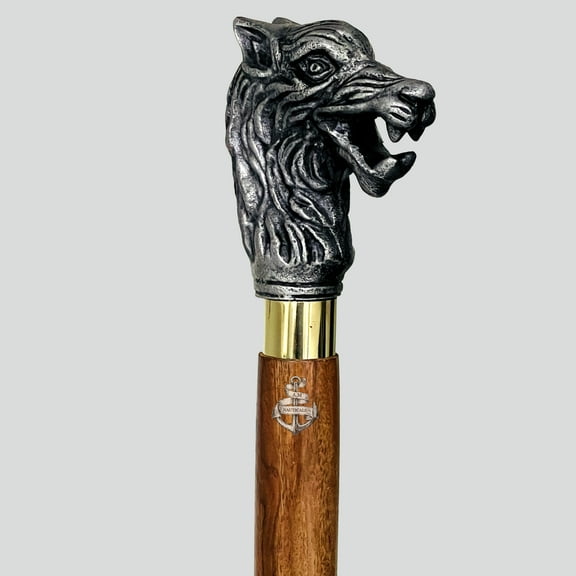 AM NAUTICALS Walking Cane Wolf Head Handle Wooden Walking Stick for Men and Women Cane
