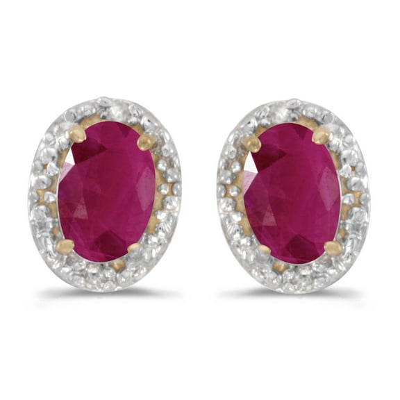 10k Yellow Gold Oval Ruby And Diamond Earrings