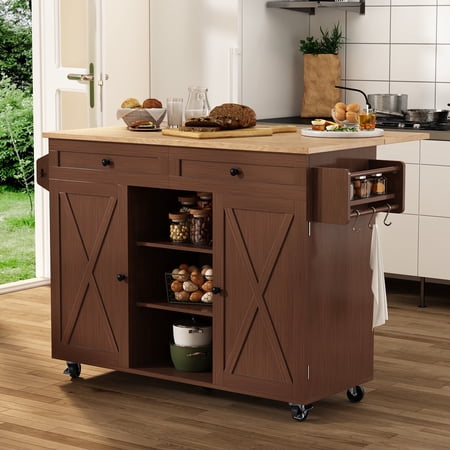 HLR 51.7 W Rolling Kitchen Island on Wheels Adjustable Shelves Breakfast Bar with Storage Brown