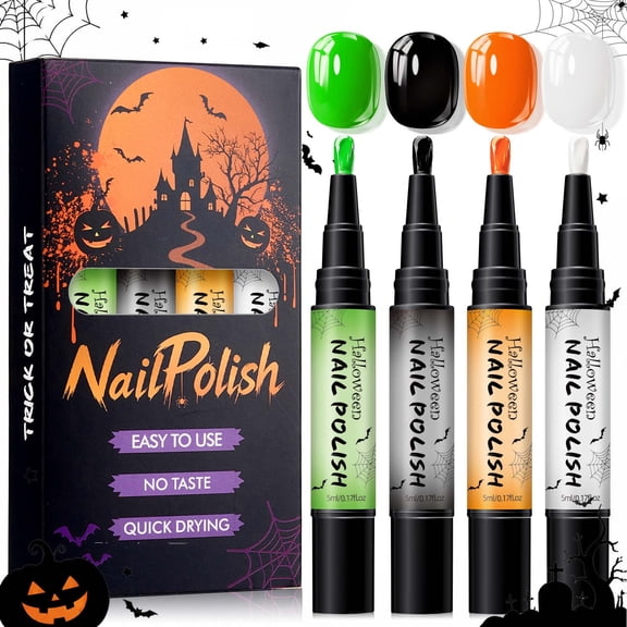 RuWeoMaa Halloween Nail Polish Pen Set, 4 Colors Quick Dry Nail Pens Polish with Built-In Brushes, Portable Pen Nail Polish for Women Halloween DIY Manicure & Holiday Nail Art
