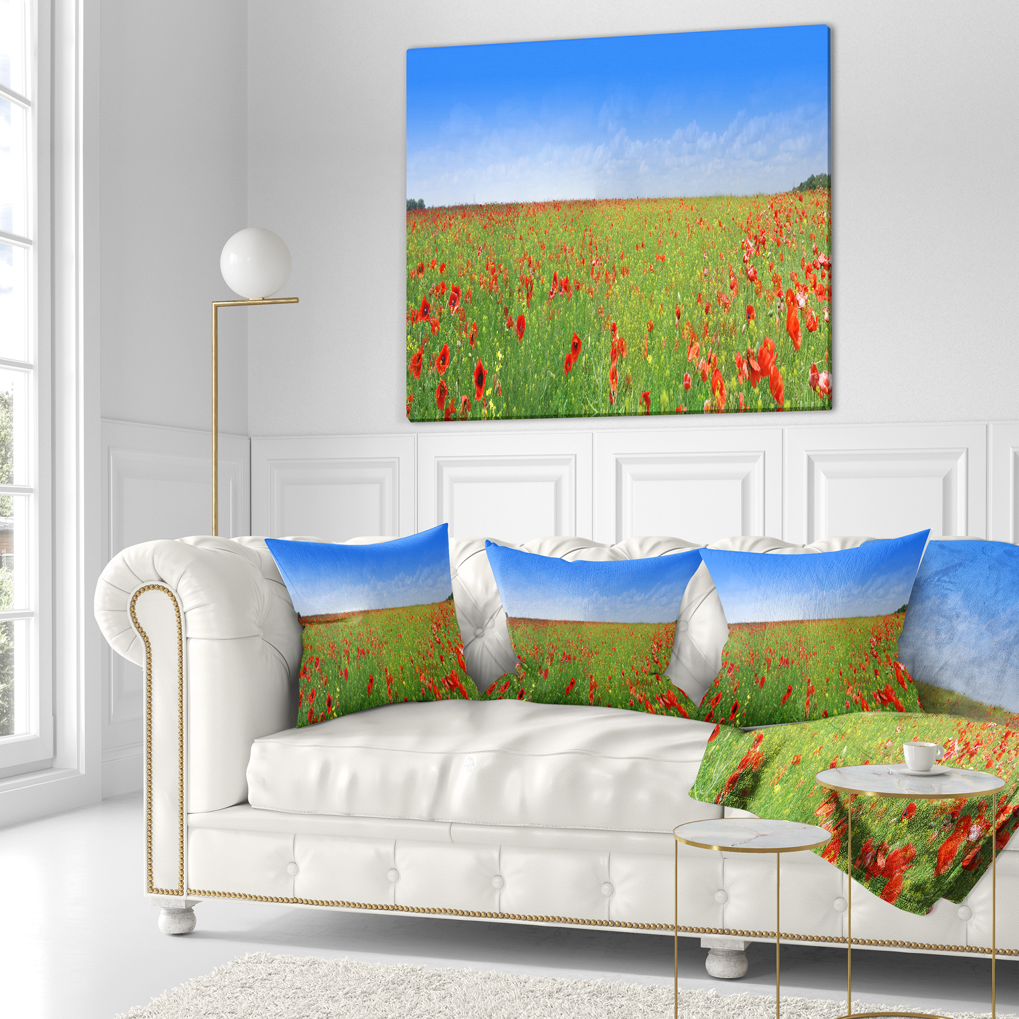Designart Poppy Meadow Panorama - Landscape Printed Throw Pillow - 16x16