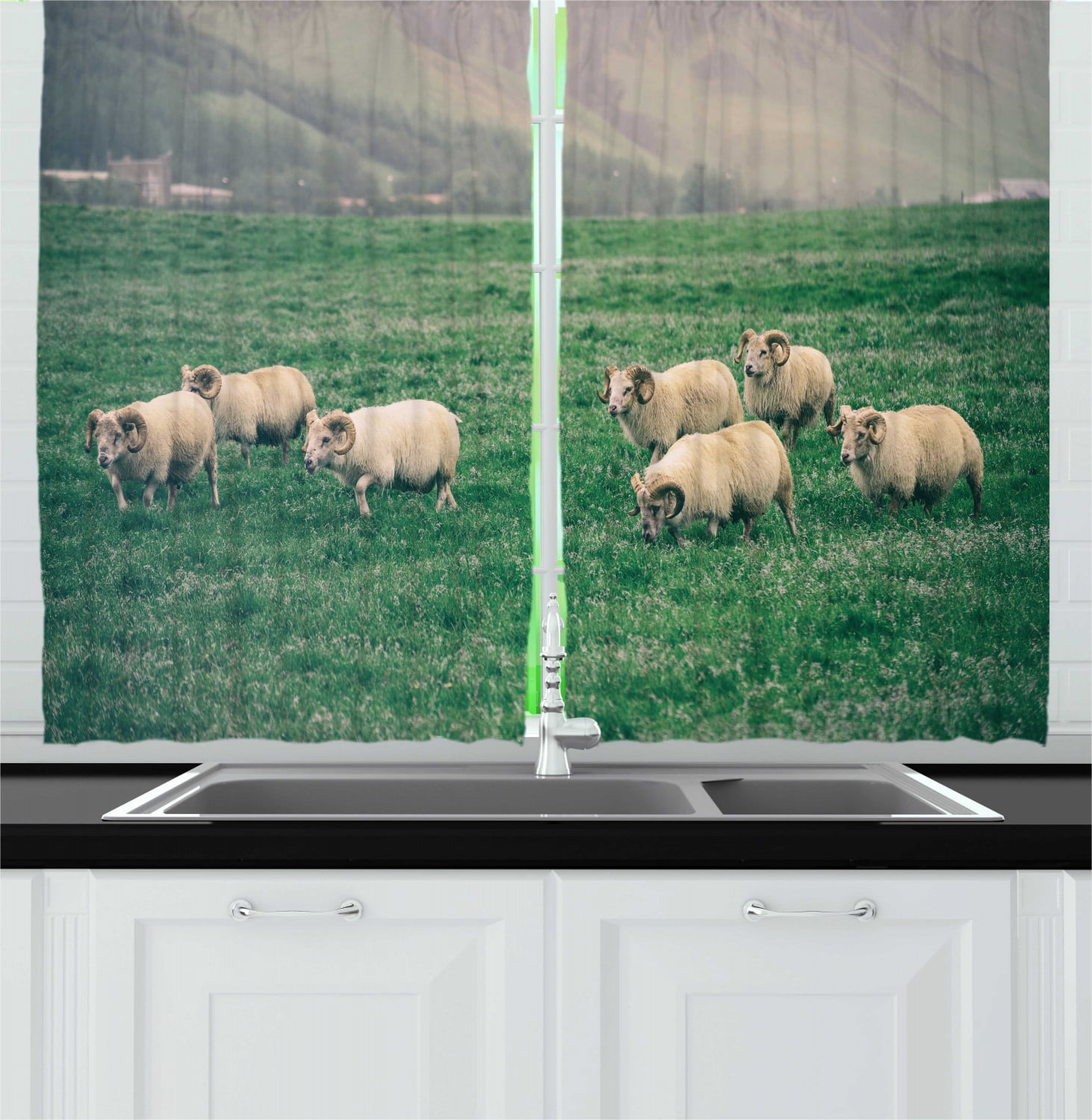 Farm Animal Curtains 2 Panels Set, Husbandry Themed Photo with Sheep