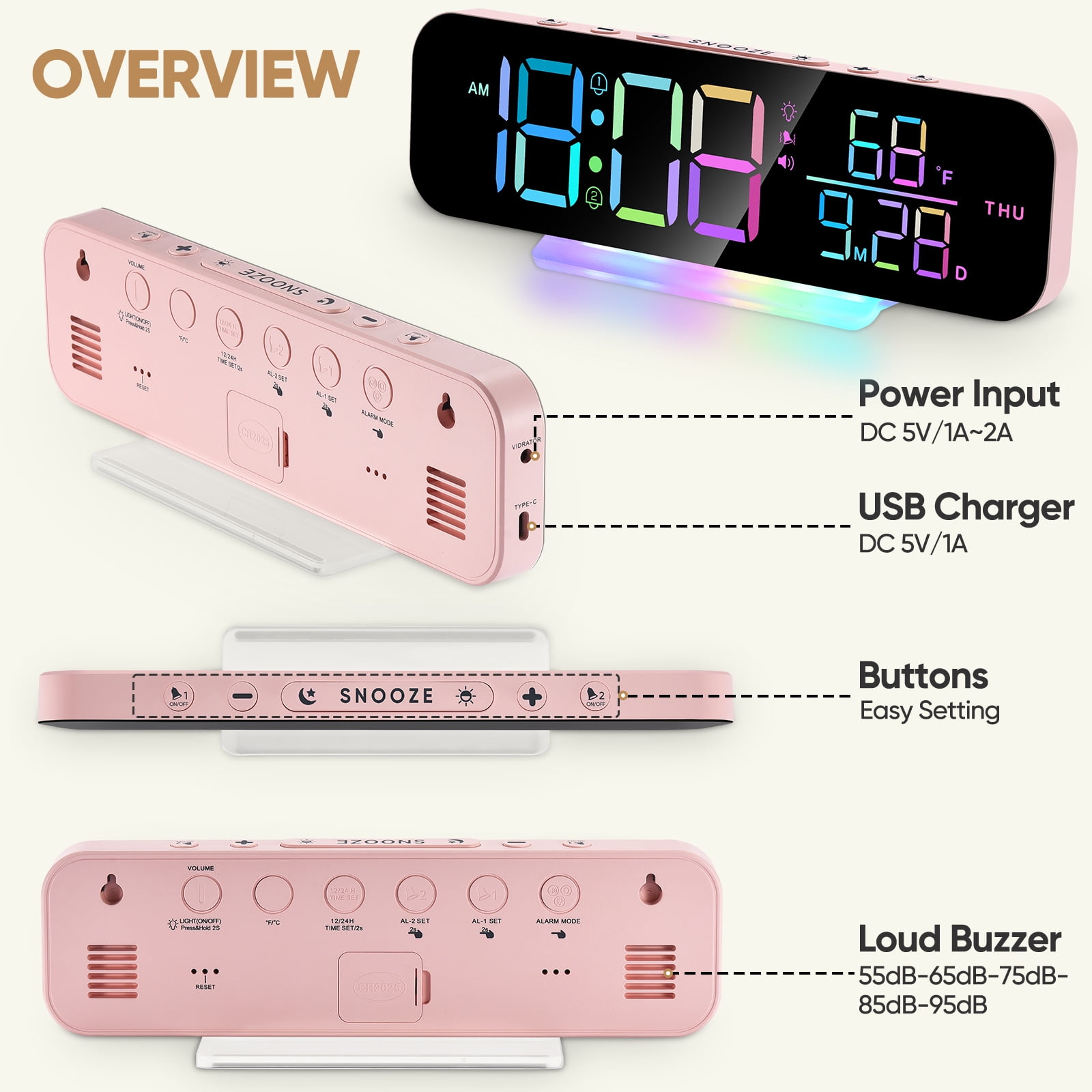 ITIGOITIE Extra Loud Vibrating Alarm Clock,Adjustable Volume,Dimmer,Large LED Digital with RGB Night Light for Bedrooms,Kids,Teens(Pink)