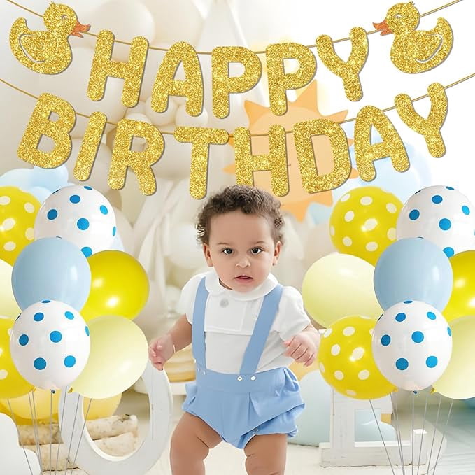 Duck Theme Birthday Party Decorations Duck Blue Yellow Balloons Arch Garland Kit Ducky Happpy Birthday Banner Cake Cupcake Toppers for Boys Girls 1st 2nd 3rd Birthday Party Decor Supplies