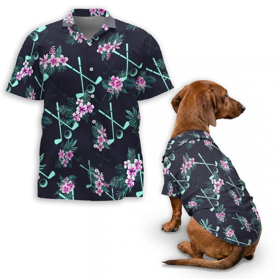 Golf Tropical Hawaiian Shirt, Floral Golf Club and Ball Print Button Down Shirt for Adults or Dogs, Short Sleeve Summer Shirt