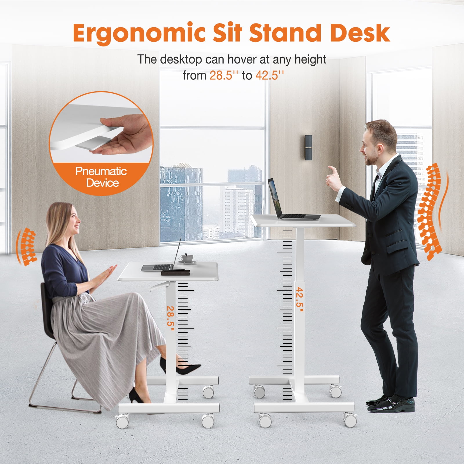 Blazezo Small Rolling Desk with Wheels, Portable Standing Desk Adjustable Height, Small Computer Desk with Lockable Casters, Compact Workstation for Home Office Use, 19 Inch Tabletop White