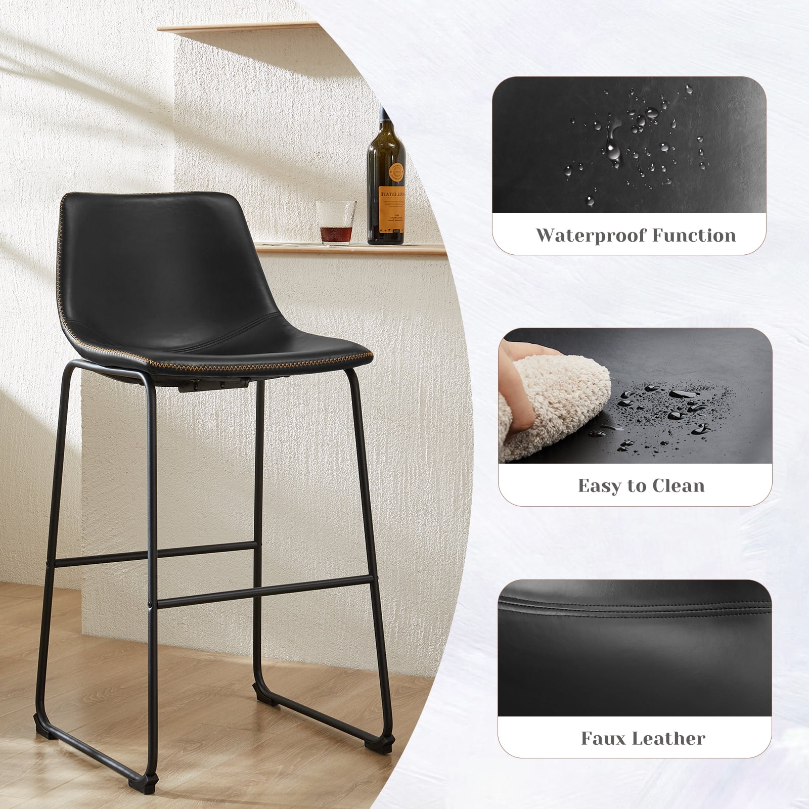 (2 pack) EDX Counter Height Bar Stools Set of 2 With Back and Footrest, Metal Frame, 30 inch, Black