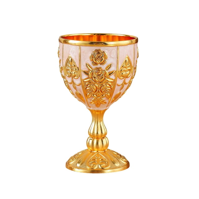 Copa de licor o vino con forma de cáliz vintage repujado para bar, fiestas y hogar. Oro blanco